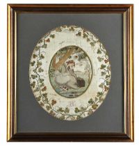 18TH CENTURY SCHOOL - SEATED GIRL & SPANIEL, OVAL NEEDLEWORK SILK TAPESTRY at Ross's Online Art Auctions