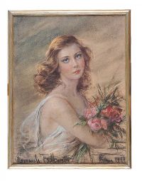 YOUNG GIRL HOLDING FLOWERS - PASTEL DRAWING - 26 X 19 INCHES - SIGNED & DATED ROMA 1951 at Ross's Online Art Auctions