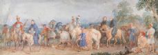 CLASSICAL SCHOOL - WARRIORS & MONKS ON HORSEBACK - UNFRAMED WATERCOLOUR DRAWING - 11 X 30 INCHES at Ross's Online Art Auctions