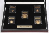 HER MAJESTY QUEEN ELIZABETH II LONGEST REIGNING MONARCH SET OF FIVE GOLD SOVEREIGNS COMPLETE WITH LONDON MINT CERTIFICATES IN PRESENTATION DISPLAY CASE, LIMITED EDITION NUMBER 48/100 at Ross's Online Art Auctions