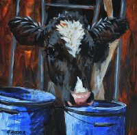 COW WITH BLUE BUCKETS by Ronald Keefer at Ross's Online Art Auctions