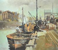 LOADING THE GUINNESS BARGE, DUBLIN by Robert D. Beattie at Ross's Online Art Auctions