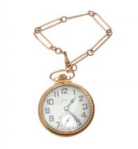 ELGIN GENT'S OPEN FACE 12CT GOLD-FILLED POCKET WATCH WITH A 9CT ROSE GOLD CHAIN at Ross's Online Art Auctions