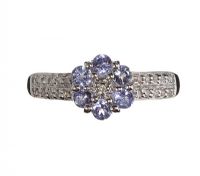 9CT WHITE GOLD TANZANITE AND DIAMOND FLORAL CLUSTER RING at Ross's Online Art Auctions
