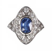 18CT WHITE GOLD SAPPHIRE AND DIAMOND CLUSTER RING IN THE STYLE OF ART DECO at Ross's Online Art Auctions