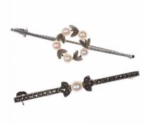 TWO STERLING SILVER AND CULTURED PEARL BROOCHES, ONE SET WITH MARCASITE at Ross's Online Art Auctions