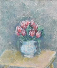 PINK TULIPS IN A BLUE JUG by Stella Steyn at Ross's Online Art Auctions