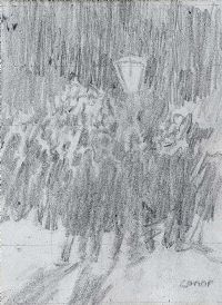 FIGURES BY THE STREET LAMP by William Conor RHA RUA at Ross's Online Art Auctions