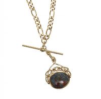 9CT GOLD FIGARO-LINK CHAIN AND COLOURED STONE FOB at Ross's Online Art Auctions