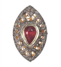 GOLD-PLATED SILVER RING SET WITH A PEAR-CUT GARNET AND DIAMONDS at Ross's Online Art Auctions