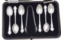 BOXED SET OF SIX STERLING SILVER TEASPOONS AND SUGAR TONGS at Ross's Online Art Auctions