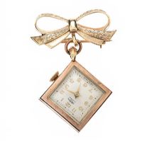 9CT GOLD FOB WATCH ON BOW BROOCH at Ross's Online Art Auctions