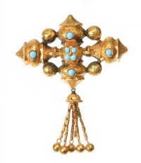 VICTORIAN 18CT GOLD TURQUOISE-SET BROOCH WITH TASSEL at Ross's Online Art Auctions