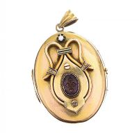 VICTORIAN 14CT GOLD LOCKET SET WITH CARVED AMETHYST, SEED PEARL AND DIAMOND at Ross's Online Art Auctions