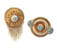 TWO VICTORIAN GOLD-TONE METAL BROOCHES WITH FAUX TURQUOISE AND KEEPSAKE COMPARTMENTS at Ross's Online Art Auctions