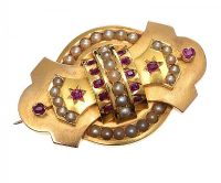 VICTORIAN 14/15CT GOLD BROOCH SET WITH RUBY AND SEED PEARL at Ross's Online Art Auctions