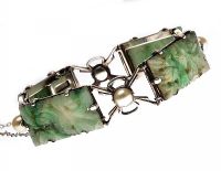 ANTIQUE SILVER BANGLE SET WITH CARVED JADE AND CULTURED PEARLS at Ross's Online Art Auctions