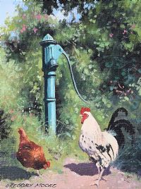 HEN & ROOSTER BY THE COW TAIL WATER PUMP by Gregory Moore at Ross's Online Art Auctions
