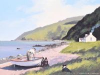 MENDING THE BOAT, ANTRIM COAST by Gregory Moore at Ross's Online Art Auctions