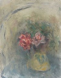 PINK ROSES IN A YELLOW JUG by Stella Steyn at Ross's Online Art Auctions