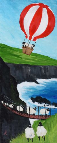 ANDY PAT'S WANDERING SHEEP, FLYING OVER THE ROPE BRIDGE by Andy Pat at Ross's Online Art Auctions