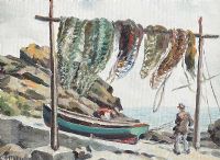 DRYING THE NETS, ANTRIM COAST by Charles McAuley at Ross's Online Art Auctions
