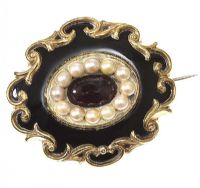 VICTORIAN GOLD ENAMEL, CULTURED PEARL AND GARNET BROOCH at Ross's Online Art Auctions