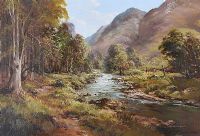 RIVER THROUGH THE MOUNTAINS by Denis Thornton at Ross's Online Art Auctions