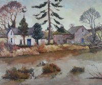 FARM BUILDINGS BY A RIVER by Dennis H.  Osborne ARUA at Ross's Online Art Auctions