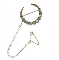 9CT GOLD CRESCENT BROOCH SET WITH EMERALDS AND DIAMONDS at Ross's Online Art Auctions