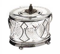 SILVER PLATED AND CUT GLASS BISCUIT BARREL at Ross's Online Art Auctions
