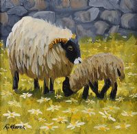 SHEEP BY THE STONE WALL by Ronald Keefer at Ross's Online Art Auctions