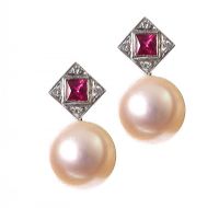 18CT WHITE GOLD PEARL AND RUBY EARRINGS at Ross's Online Art Auctions