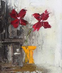 RED FLOWERS IN A YELLOW VASE by Colin Flack at Ross's Online Art Auctions
