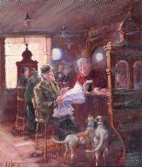 STUDYING THE FORM, CROWN BAR, BELFAST by Gerry Glynn at Ross's Online Art Auctions