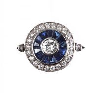 18CT WHITE GOLD SAPPHIRE AND DIAMOND TARGET CLUSTER RING IN THE STYLE OF ART DECO at Ross's Online Art Auctions