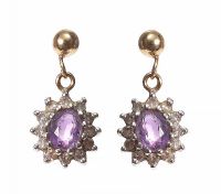9CT GOLD DROP EARRINGS SET WITH AMETHYST AND CRYSTAL at Ross's Online Art Auctions
