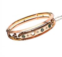 ANTIQUE MID-CARAT GOLD BANGLE SET WITH EMERALDS AND DIAMONDS (STONES DAMAGED AND ONE MISSING) at Ross's Online Art Auctions
