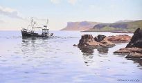 FISHING BOAT NEAR FAIRHEAD by Gregory Moore at Ross's Online Art Auctions