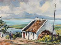 IRISH THATCHED COTTAGE WITH THE MOURNES IN THE DISTANCE by Patrick Colhoun at Ross's Online Art Auctions