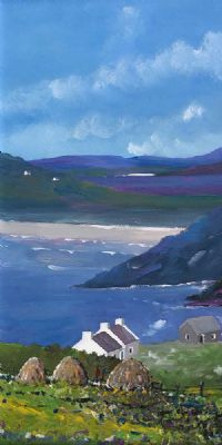 HARVEST TIME AT TRA NA ROSSAN BEACH COTTAGES, DOWINGS by Sean Lorinyenko at Ross's Online Art Auctions