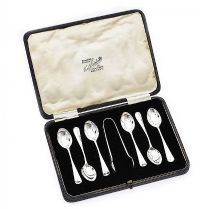 BOXED SET OF SIX STERLING SILVER TEASPOONS AND TONGS, FRED J. MALCOLM at Ross's Online Art Auctions