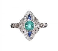 18CT WHITE GOLD DIAMOND, SAPPHIRE AND EMERALD RING at Ross's Online Art Auctions