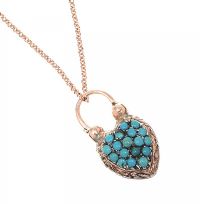 ANTIQUE TURQUOISE PADLOCK PENDANT ON 9CT ROSE GOLD CHAIN at Ross's Online Art Auctions