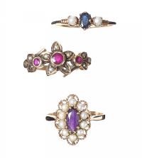 COLLECTION OF THREE 9CT GOLD GEM AND SEED PEARL SET RINGS at Ross's Online Art Auctions