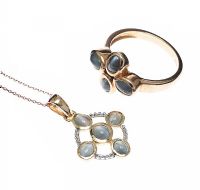 SUITE OF 9CT GOLD JEWELLERY SET WITH CAT'S EYE ALEXANDRITE, ON A 9CT ROSE GOLD CHAIN at Ross's Online Art Auctions