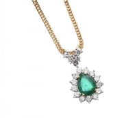 18CT GOLD EMERALD AND DIAMOND CLUSTER PENDANT AND CHAIN at Ross's Online Art Auctions