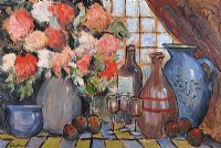 STILL LIFE FLOWERS, BOTTLES & GLASSES by Gladys Maccabe HRUA at Ross's Online Art Auctions