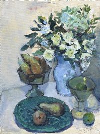 STILL LIFE, GREEN PLATE WITH TWO PEARS & A GREY JUG by Hilary Bryson at Ross's Online Art Auctions