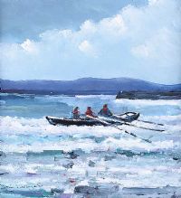 THE CURRACH MEN AT DOWNINGS PIER by Sean Lorinyenko at Ross's Online Art Auctions